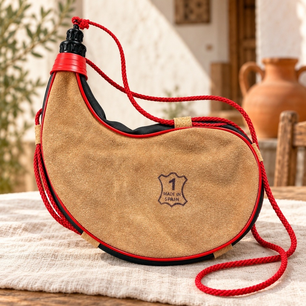 Vintage Made in Spain Leather Bota Bag Wine Skin Canteen Red Trim Size 1 Rustic